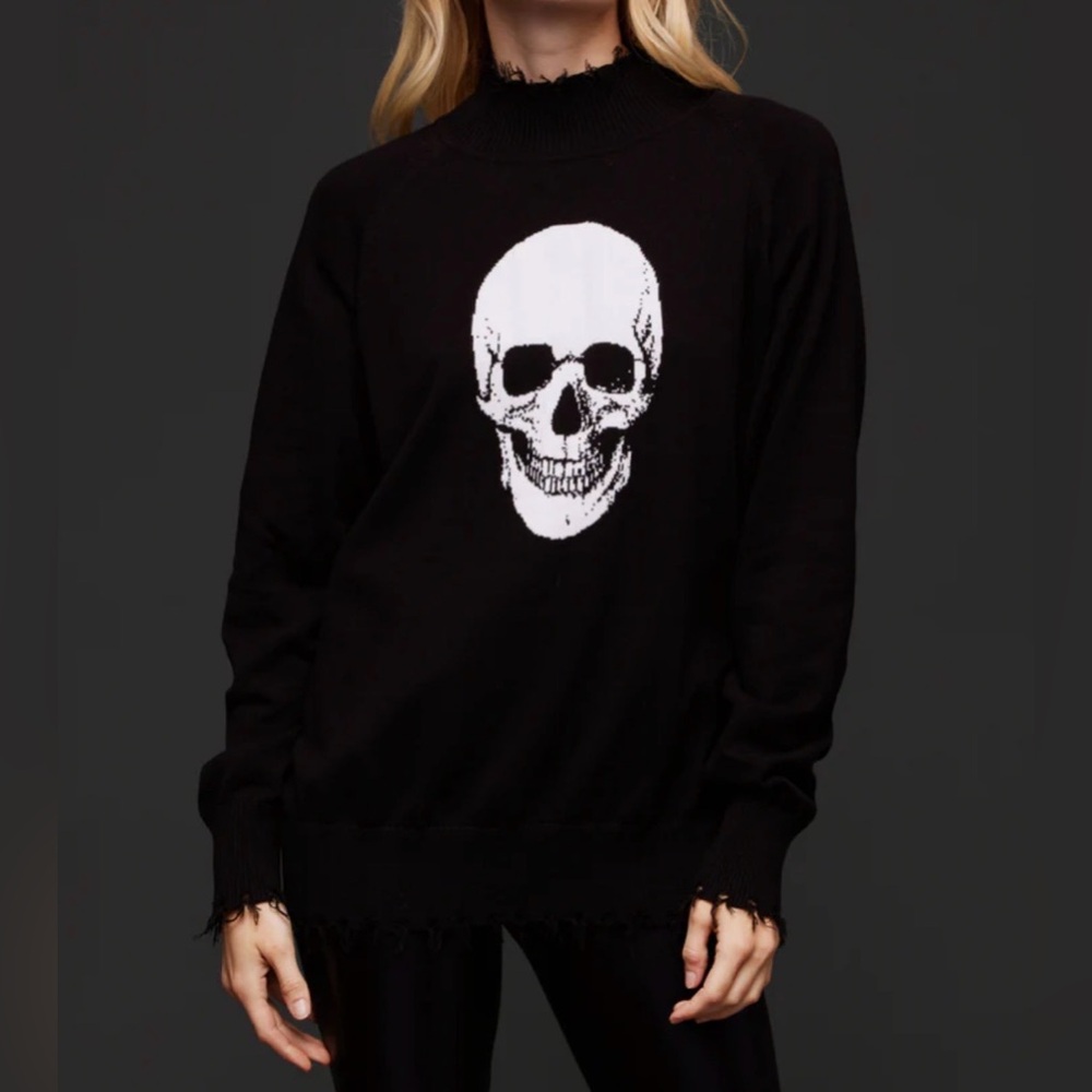 Pretty Attitude Women’s Black Raw Hem Cotton Knit Skull Goth Sweater Size M